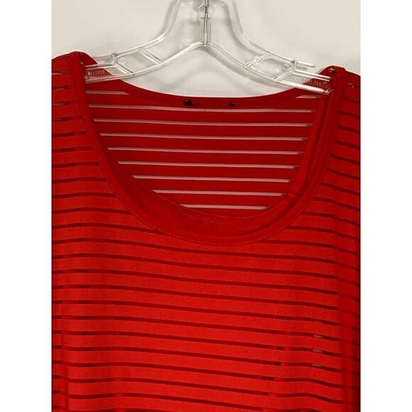 Women's Sheer Stripes Overlay Roll Tab Sleeves Scoop Neck Tunic Red Size 3X - Picture 5 of 10